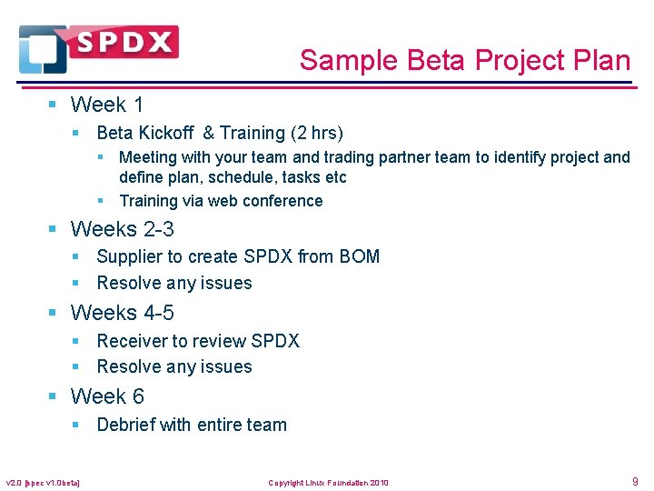 Sample Beta Project Plan § Week 1 § Beta Kickoff & Training (2 hrs)