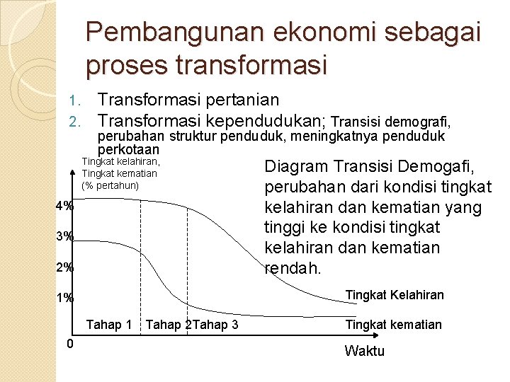 Pembangunan ekonomi sebagai proses transformasi 1. 2. Transformasi pertanian Transformasi kependudukan; Transisi demografi, perubahan