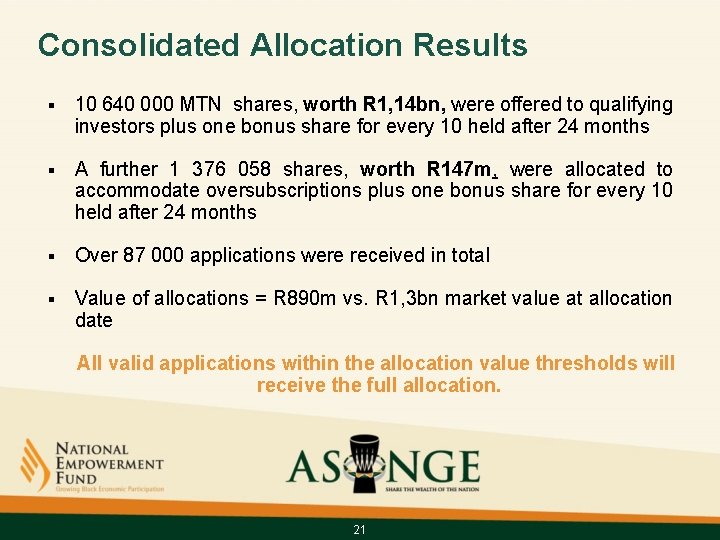 Consolidated Allocation Results § 10 640 000 MTN shares, worth R 1, 14 bn,