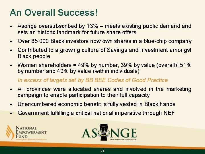 An Overall Success! § Asonge oversubscribed by 13% – meets existing public demand sets