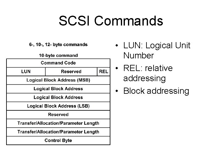 SCSI Commands • LUN: Logical Unit Number • REL: relative addressing • Block addressing SCSI Commands • LUN: Logical Unit Number • REL: relative addressing • Block addressing
