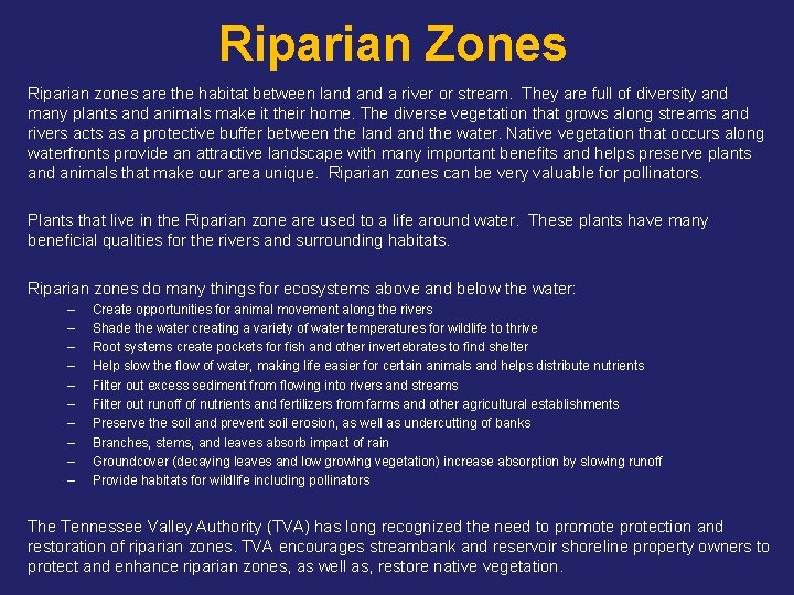 Riparian Zones Riparian zones are the habitat between land a river or stream. They