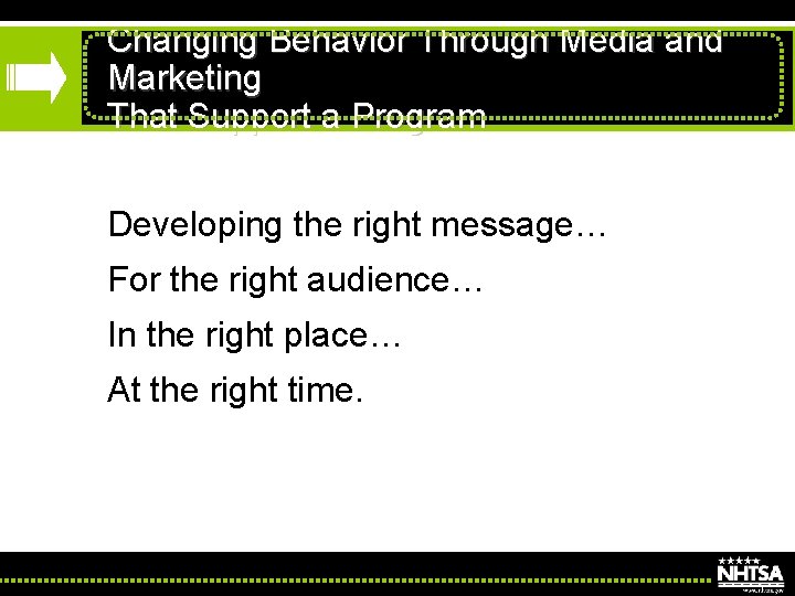 Changing Behavior Through Media and Marketing That Support a Program Developing the right message…