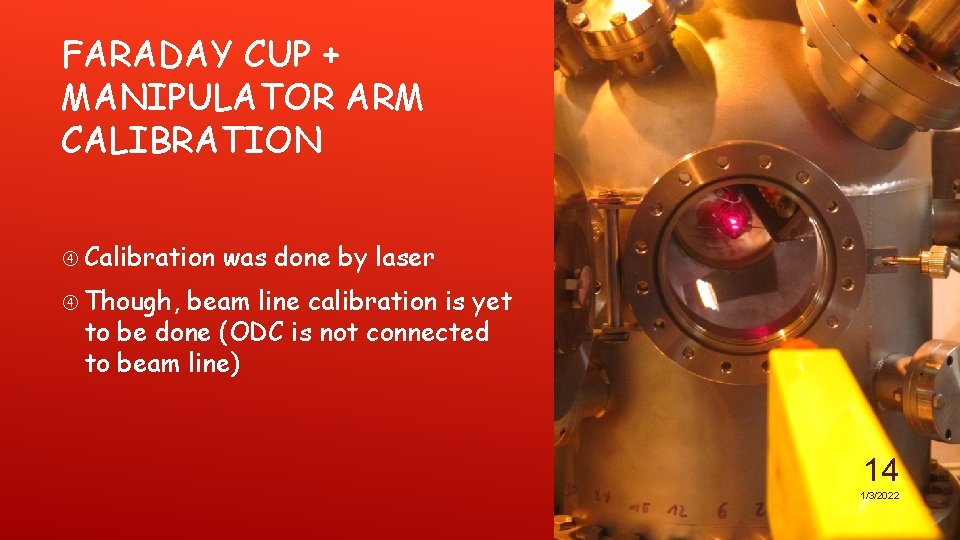 FARADAY CUP + MANIPULATOR ARM CALIBRATION Calibration was done by laser Though, beam line