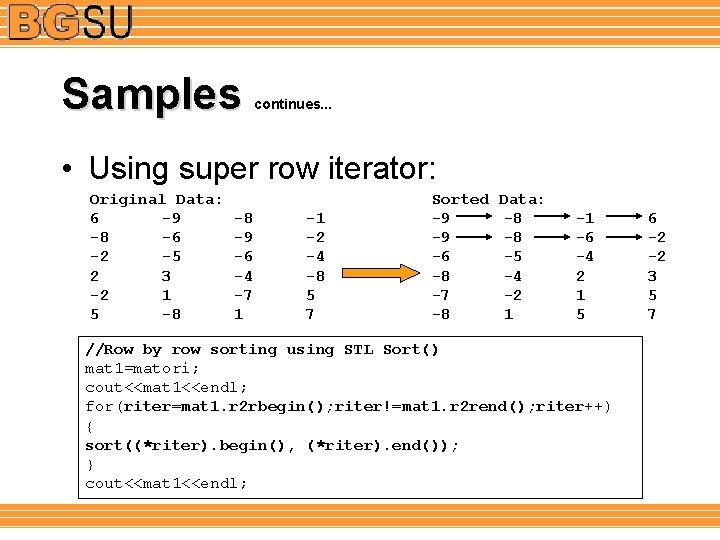 Samples continues. . . • Using super row iterator: Original Data: 6 -9 -8
