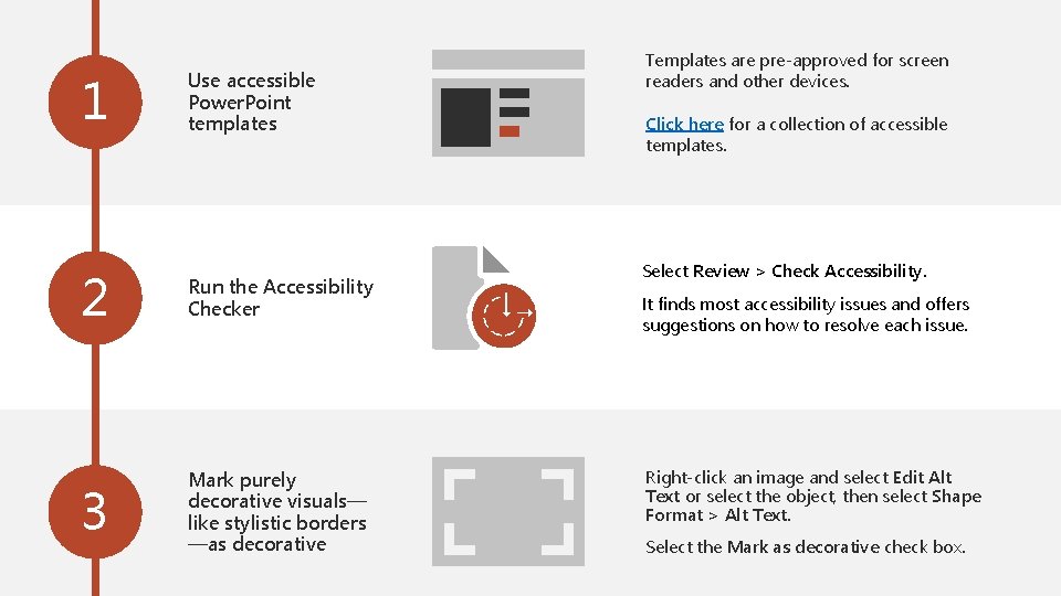 1 Use accessible Power. Point templates 2 Run the Accessibility Checker 3 Mark purely