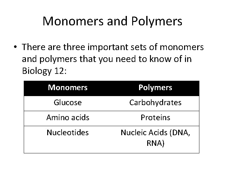 Monomers and Polymers • There are three important sets of monomers and polymers that