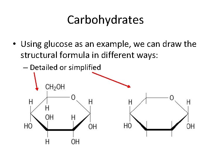 Carbohydrates • Using glucose as an example, we can draw the structural formula in