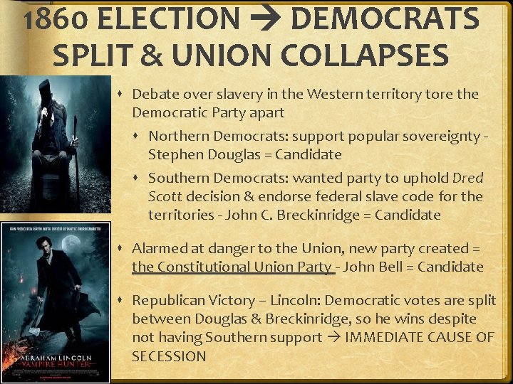 1860 ELECTION DEMOCRATS SPLIT & UNION COLLAPSES Debate over slavery in the Western territory 1860 ELECTION DEMOCRATS SPLIT & UNION COLLAPSES Debate over slavery in the Western territory