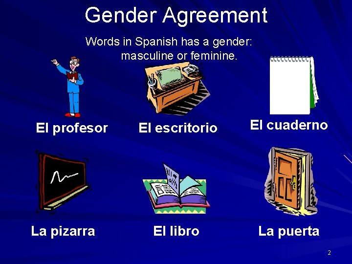 Gender Agreement Words in Spanish has a gender: masculine or feminine. El profesor La