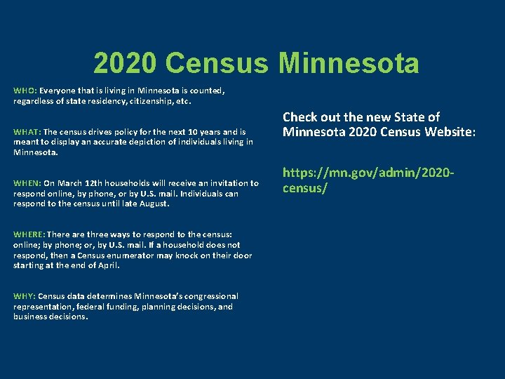 2020 Census Minnesota WHO: Everyone that is living in Minnesota is counted, regardless of