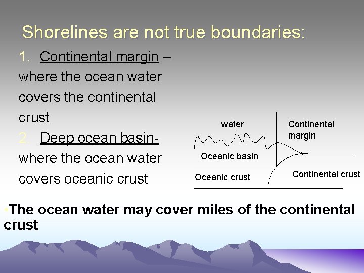 Shorelines are not true boundaries: 1. Continental margin – where the ocean water covers