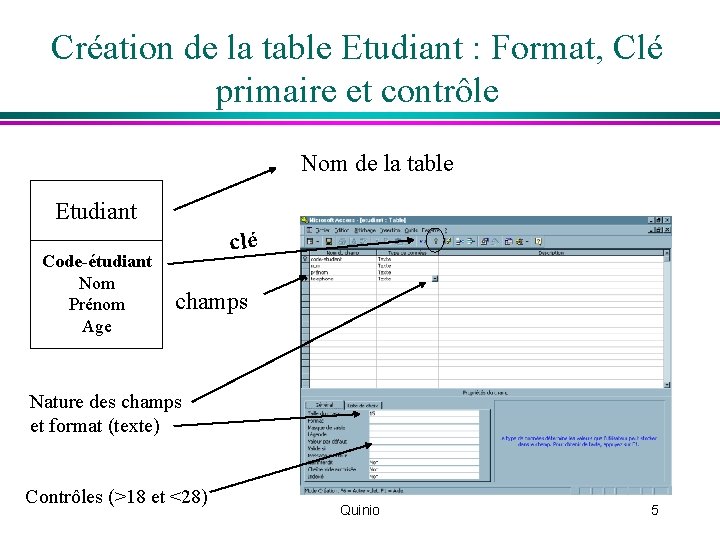 Création de la table Etudiant : Format, Clé primaire et contrôle Nom de la