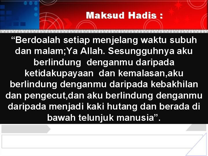 Maksud Hadis : “Berdoalah setiap menjelang waktu subuh dan malam; Ya Allah. Sesungguhnya aku