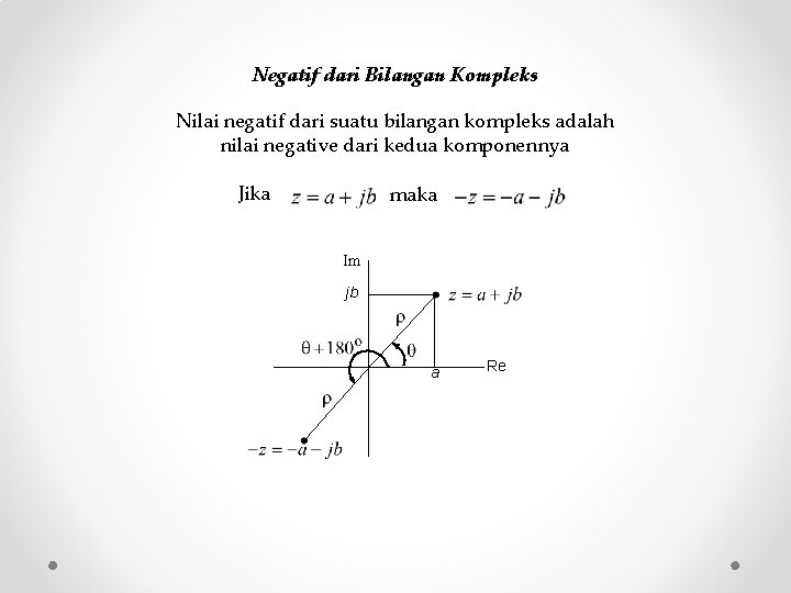Negatif dari Bilangan Kompleks Nilai negatif dari suatu bilangan kompleks adalah nilai negative dari