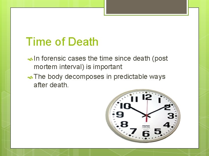 Time of Death In forensic cases the time since death (post mortem interval) is