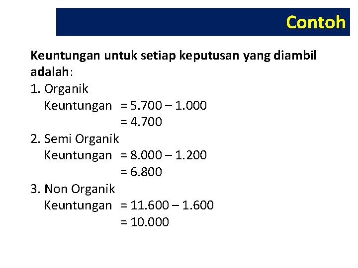 Contoh Keuntungan untuk setiap keputusan yang diambil adalah: 1. Organik Keuntungan = 5. 700