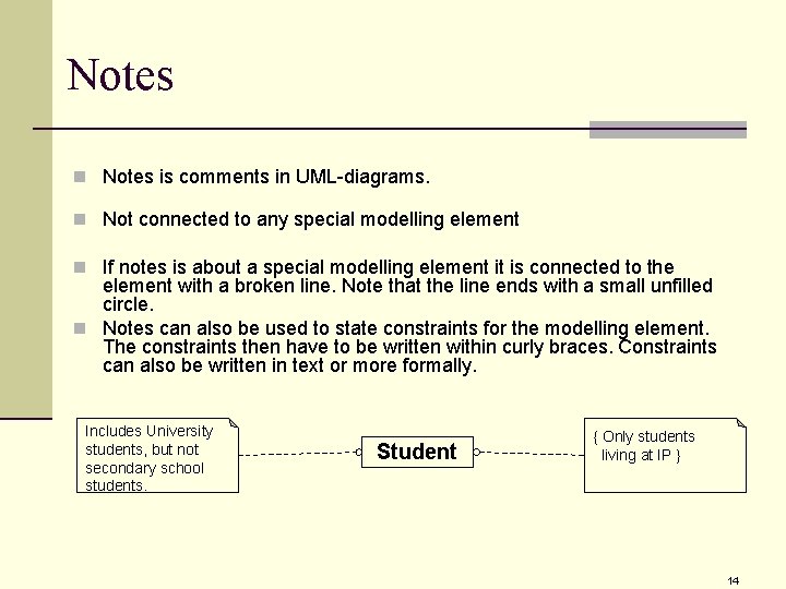 Notes n Notes is comments in UML-diagrams. n Not connected to any special modelling Notes n Notes is comments in UML-diagrams. n Not connected to any special modelling