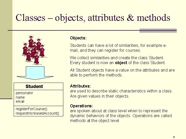 Classes – objects, attributes & methods Objects: Students can have a lot of similarities, Classes – objects, attributes & methods Objects: Students can have a lot of similarities,
