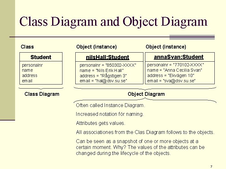 Class Diagram and Object Diagram Class Student personalnr name address email Object (instance) nils. Class Diagram and Object Diagram Class Student personalnr name address email Object (instance) nils.