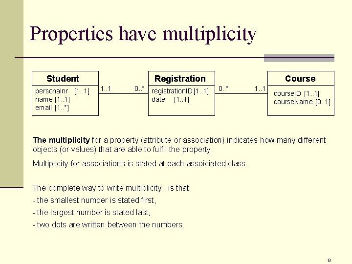 Properties have multiplicity Student personalnr [1. . 1] name [1. . 1] email [1.