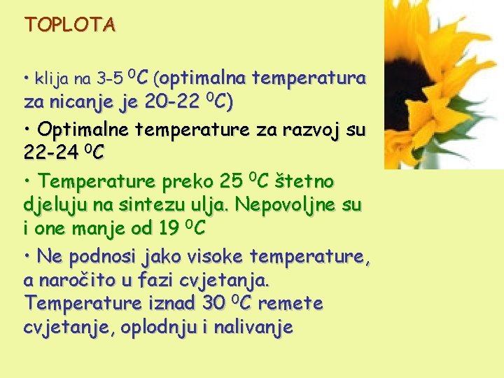 TOPLOTA • klija na 3 -5 0 C (optimalna temperatura za nicanje je 20