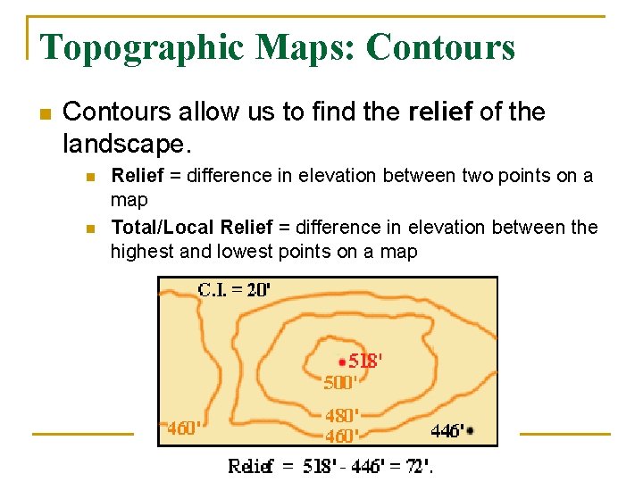 Topographic Maps: Contours n Contours allow us to find the relief of the landscape.