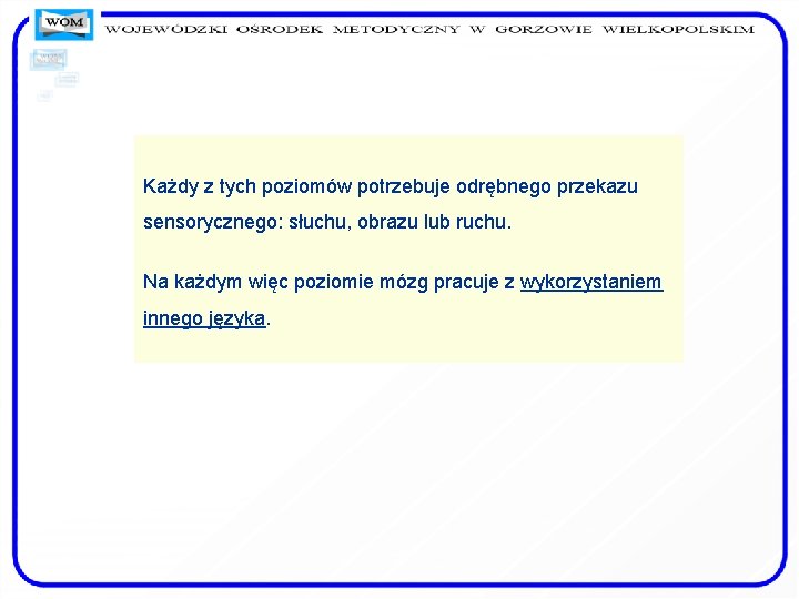 Każdy z tych poziomów potrzebuje odrębnego przekazu sensorycznego: słuchu, obrazu lub ruchu. Na każdym