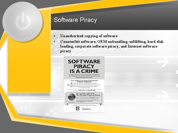 Software Piracy • • Unauthorized copying of software Counterfeit software, OEM unbundling, softlifting, hard