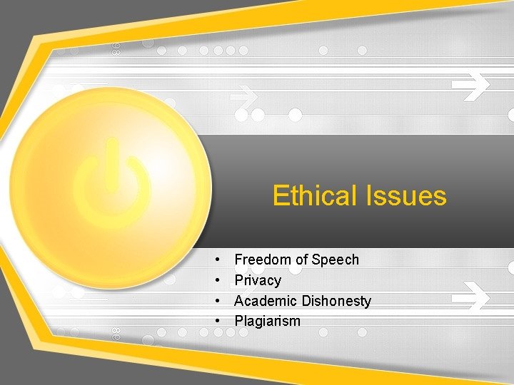 Ethical Issues • • Freedom of Speech Privacy Academic Dishonesty Plagiarism 