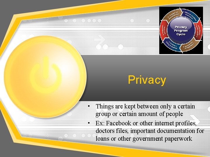 Privacy • Things are kept between only a certain group or certain amount of