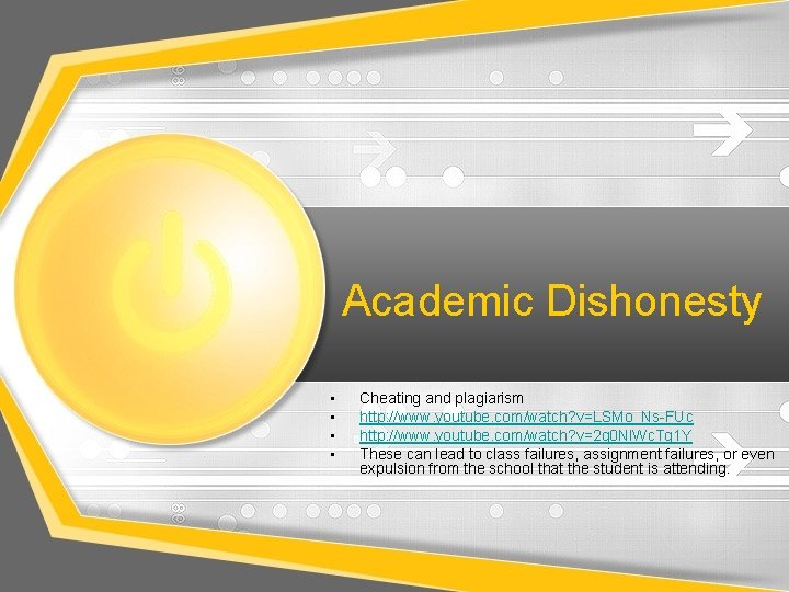 Academic Dishonesty • • Cheating and plagiarism http: //www. youtube. com/watch? v=LSMo_Ns-FUc http: //www.