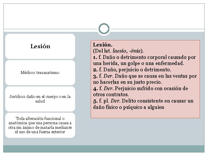 Lesión Médico: traumatismo Jurídico: daño en el cuerpo o en la salud Toda alteración