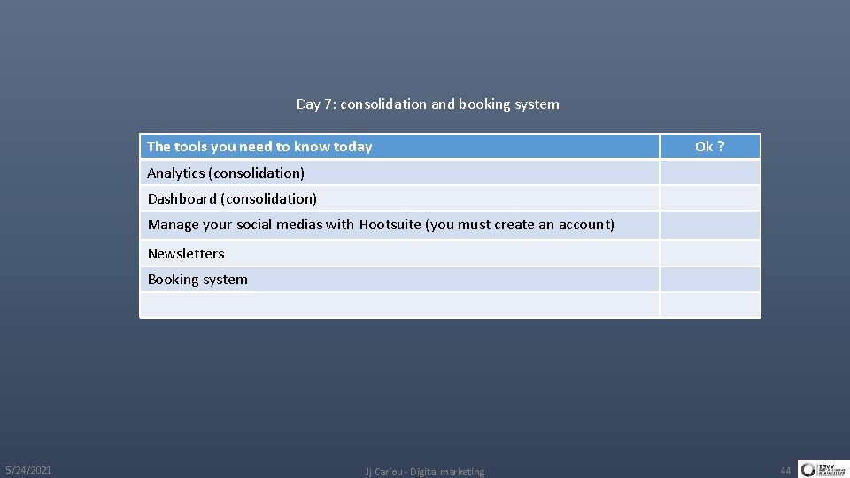 Day 7: consolidation and booking system The tools you need to know today Ok