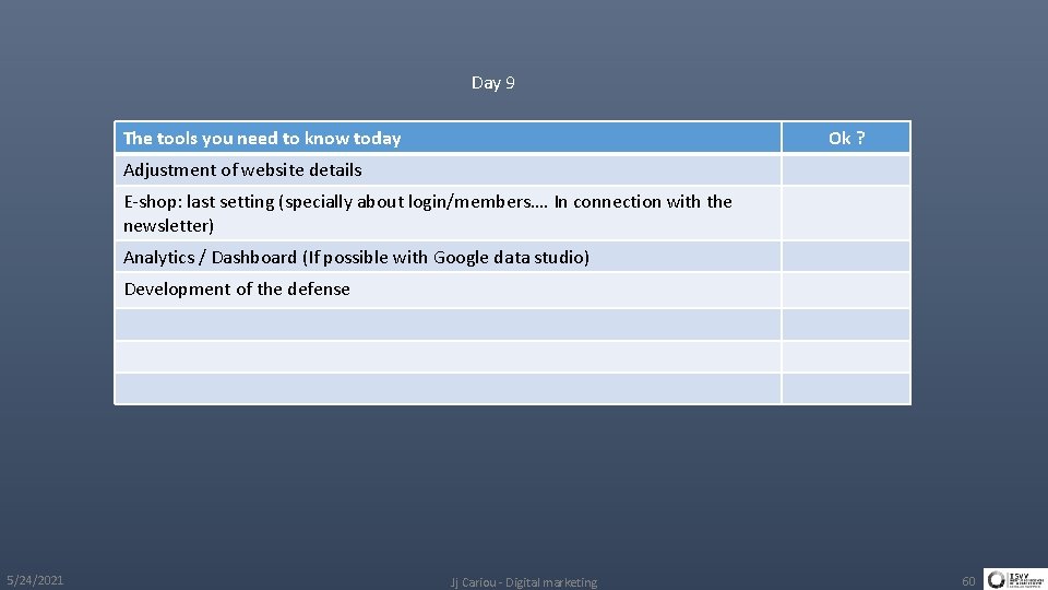 Day 9 The tools you need to know today Ok ? Adjustment of website