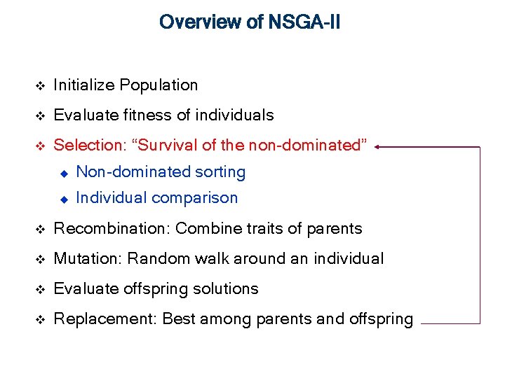 Overview of NSGA-II v Initialize Population v Evaluate fitness of individuals v Selection: “Survival