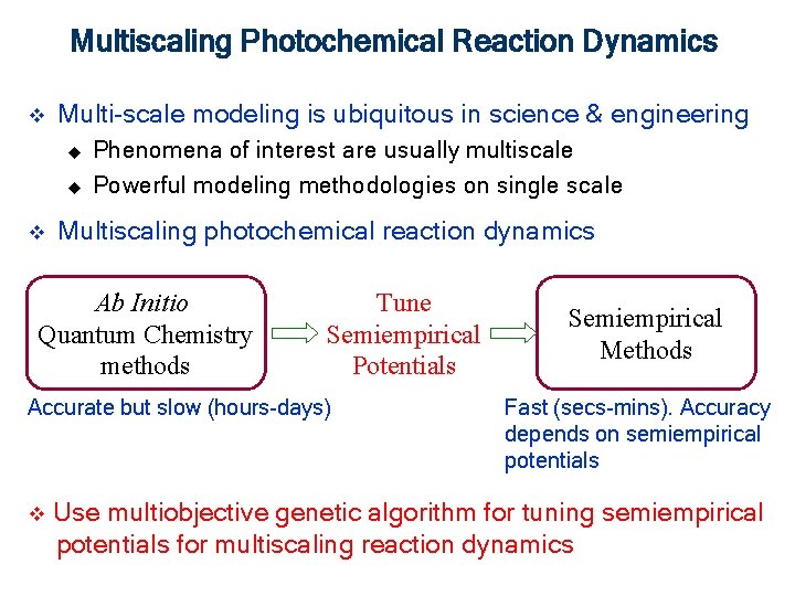 Multiscaling Photochemical Reaction Dynamics v Multi-scale modeling is ubiquitous in science & engineering u