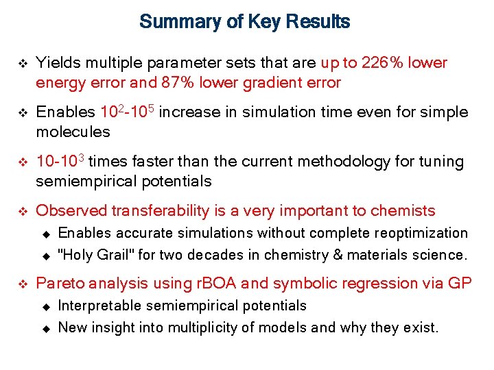 Summary of Key Results v Yields multiple parameter sets that are up to 226%