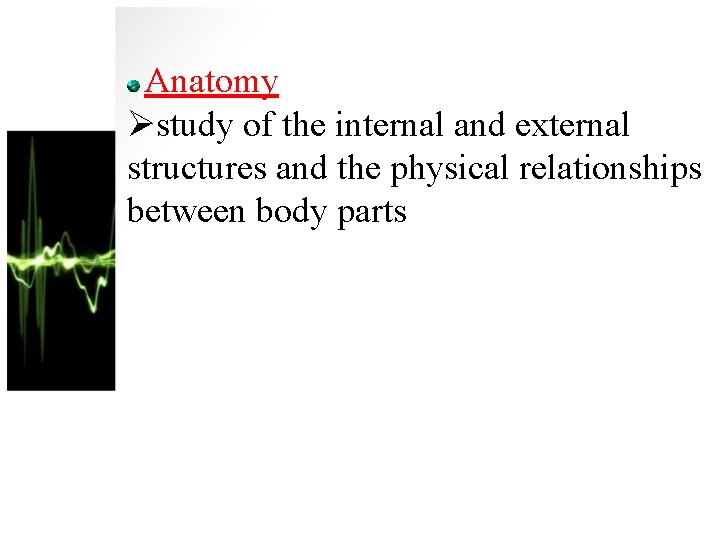 Anatomy Østudy of the internal and external structures and the physical relationships between body