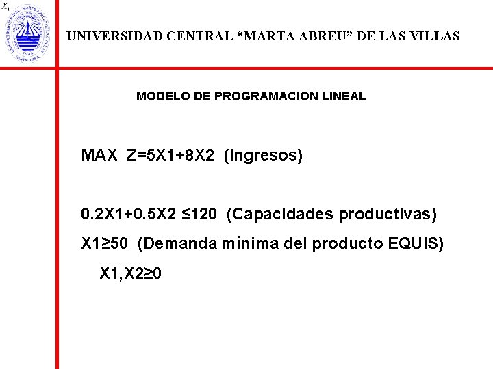 UNIVERSIDAD CENTRAL “MARTA ABREU” DE LAS VILLAS MODELO DE PROGRAMACION LINEAL MAX Z=5 X