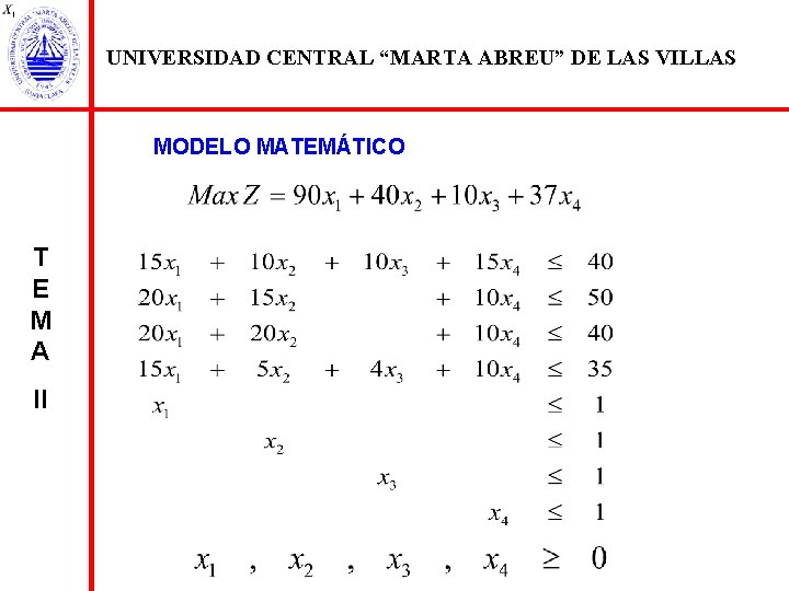 UNIVERSIDAD CENTRAL “MARTA ABREU” DE LAS VILLAS MODELO MATEMÁTICO T E M A II