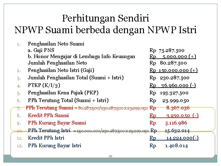 Perhitungan Sendiri NPWP Suami berbeda dengan NPWP Istri 1. 2. 3. 4. 5. 6.