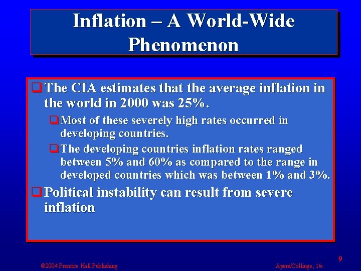 Inflation – A World-Wide Phenomenon q The CIA estimates that the average inflation in