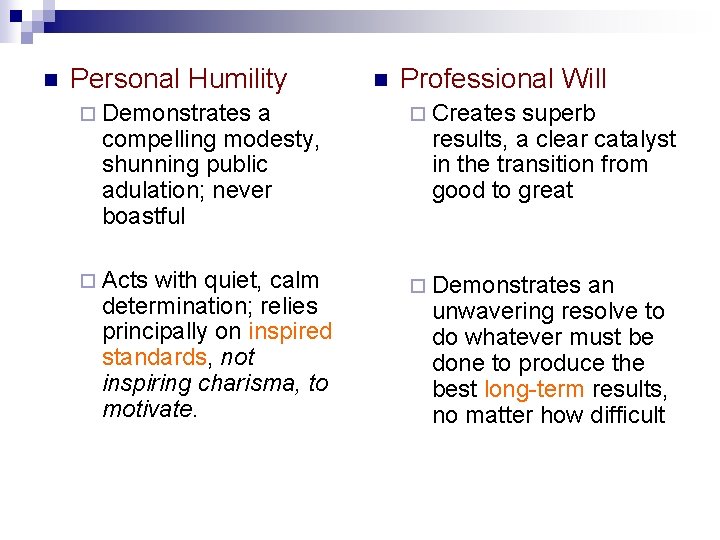 n Personal Humility a compelling modesty, shunning public adulation; never boastful n Professional Will