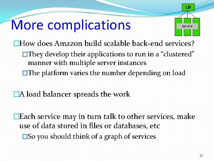 LB More complications service �How does Amazon build scalable back-end services? �They develop their