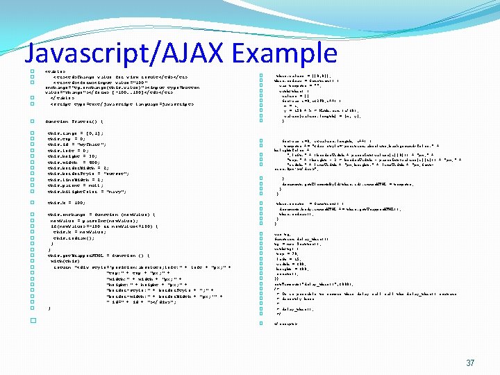 Javascript/AJAX Example � � � <table> <tr><td>Change value for view result</td></tr> <tr><td><form><input value="100" onchange="tg.