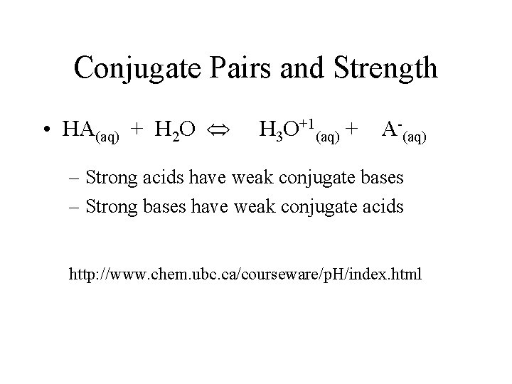 Conjugate Pairs and Strength • HA(aq) + H 2 O H 3 O+1(aq) +