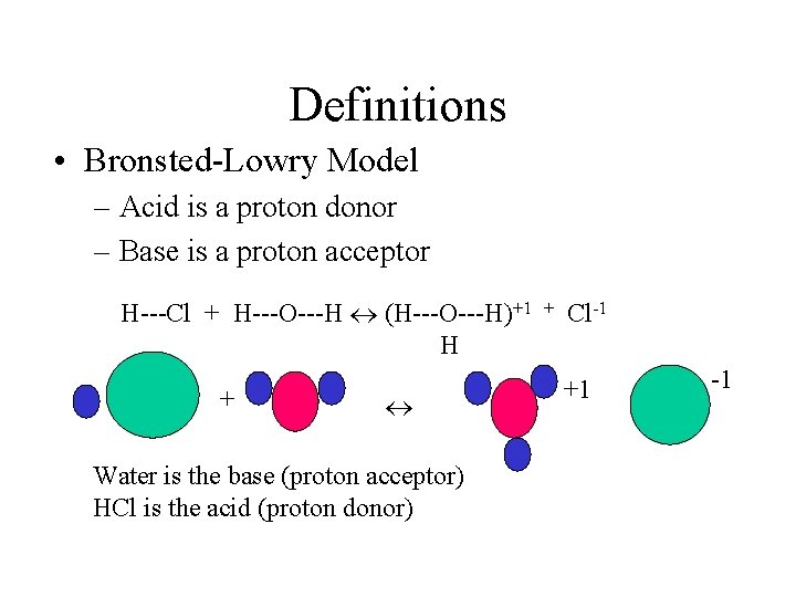 Definitions • Bronsted-Lowry Model – Acid is a proton donor – Base is a