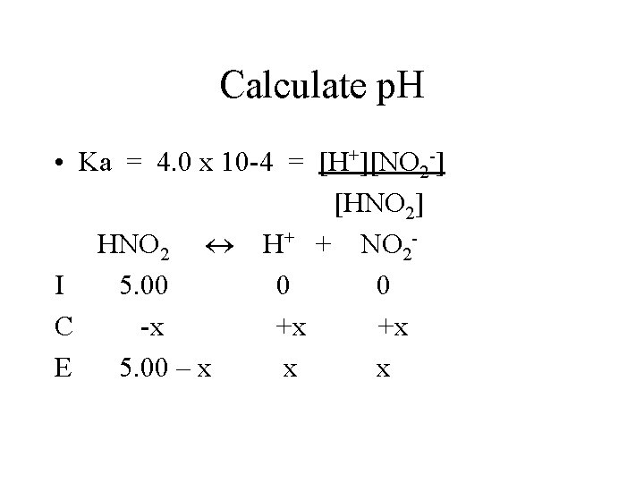Calculate p. H • Ka = 4. 0 x 10 -4 = [H+][NO 2