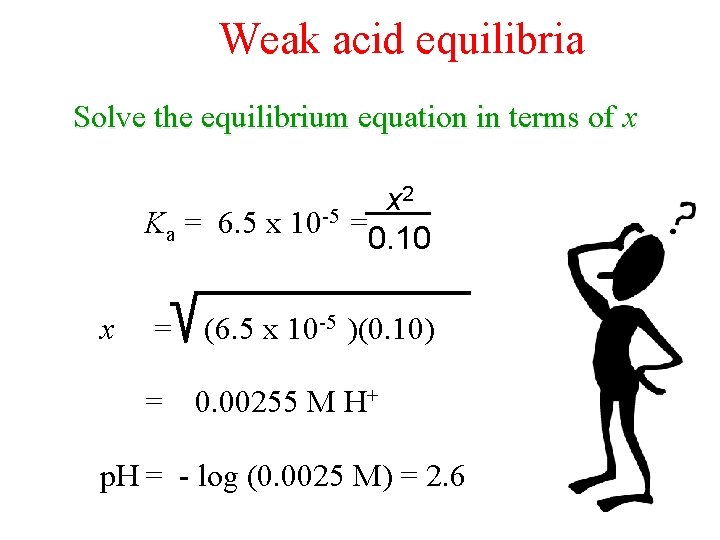 Weak acid equilibria Solve the equilibrium equation in terms of x 2 x Ka
